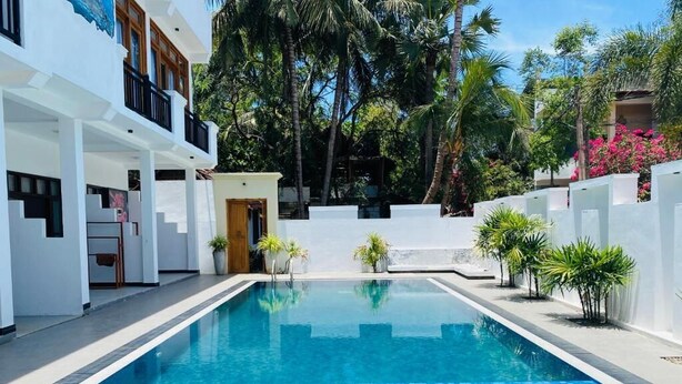 Una piscina rectangular con agua azul cristalina, rodeada de muros blancos y plantas tropicales.