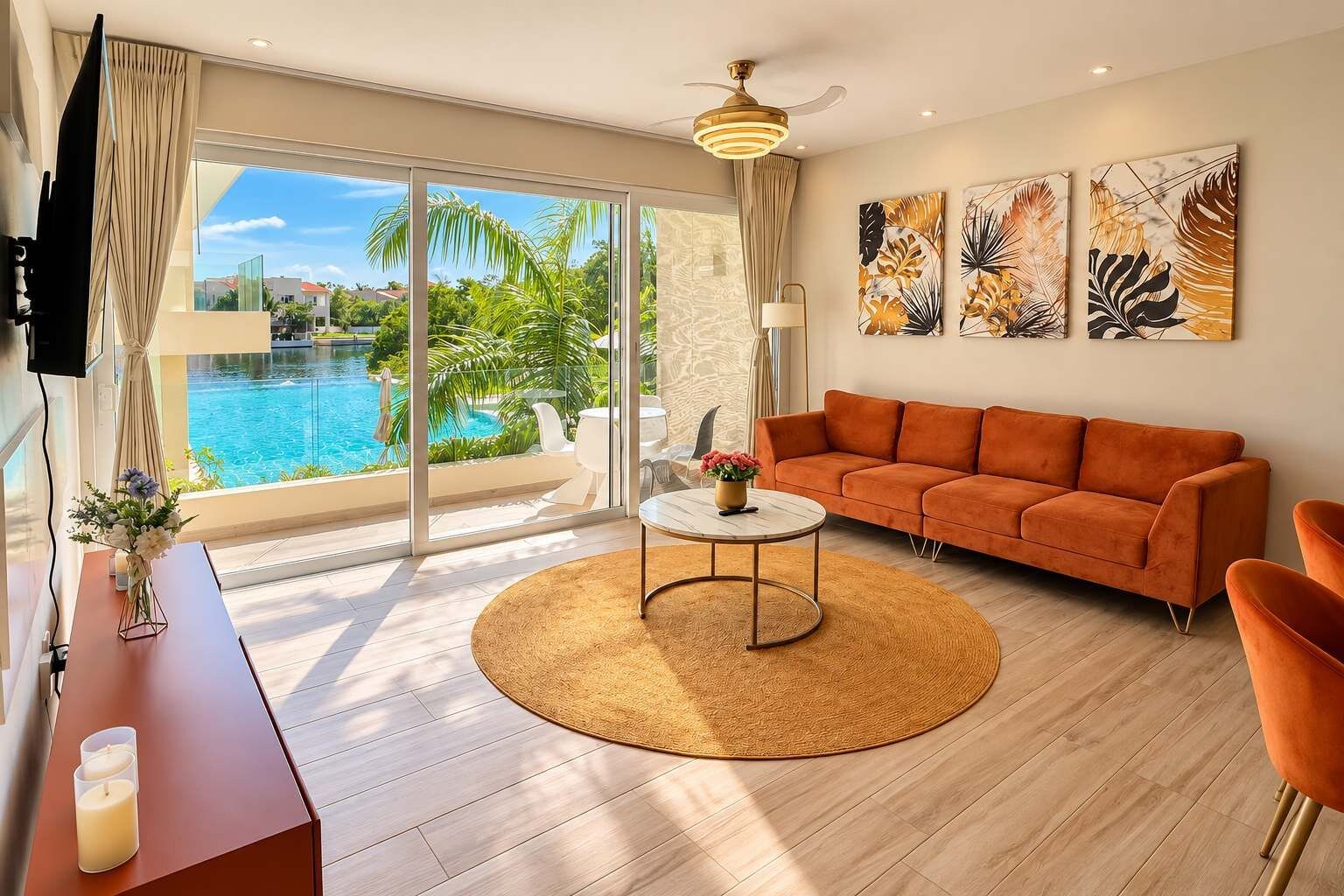 Uma sala de estar moderna com um sofá, uma mesa de centro e vista para uma piscina.