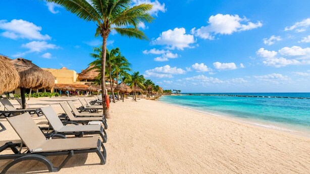 A beach with lounge chairs, palm trees, and a clear blue sky. - Canal view, pool, 7-min walk to beach (Puerto Aventuras)