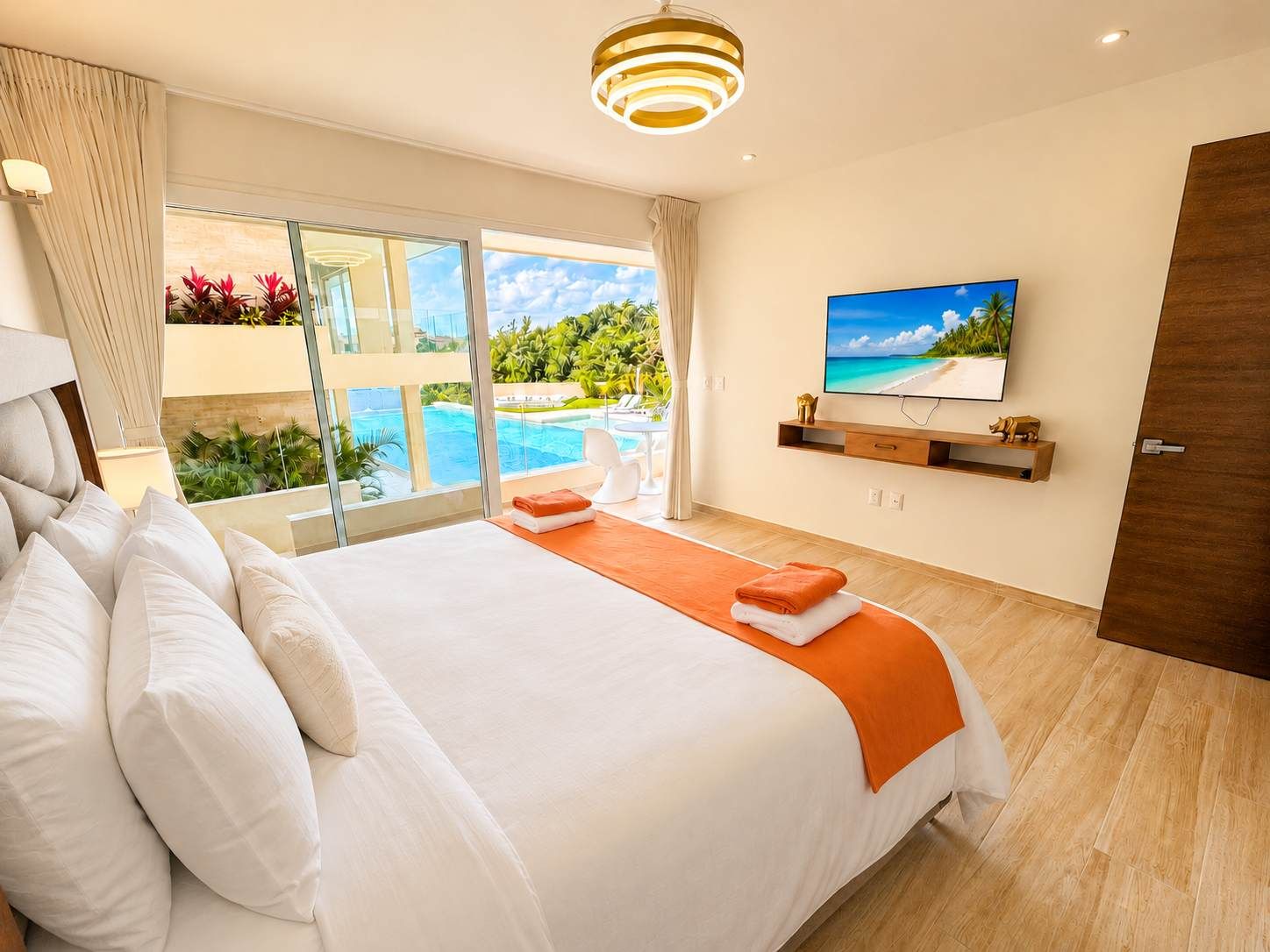 A hotel room with a bed, a TV, a view of a pool, and a balcony with plants.