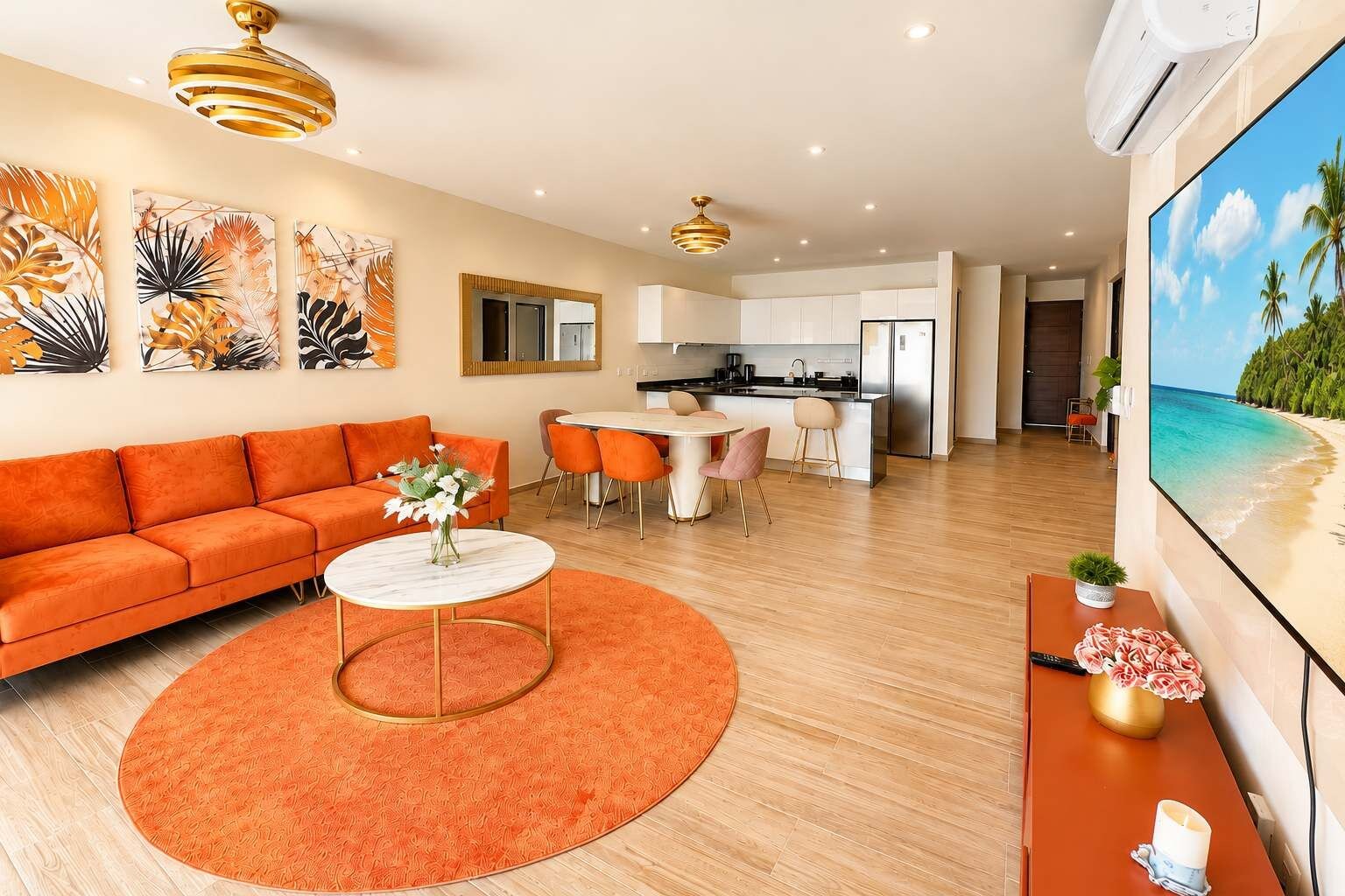 Uma sala de estar moderna com um sofá, uma mesa de centro redonda e um espaço de refeições com cadeiras.