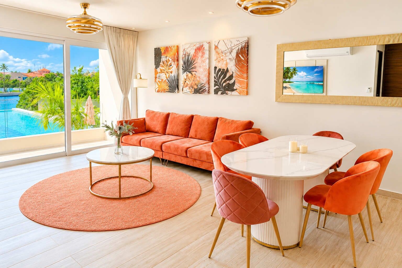 Una sala moderna con sofá, mesa de comedor y sillas, un ventanal con vista a una piscina y follaje, y obras de arte con temática tropical.