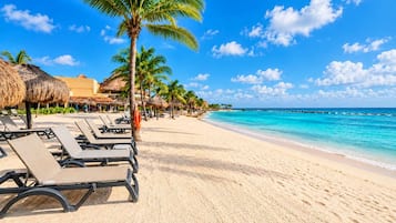 A beach with rows of sun loungers, palm trees, and thatched umbrellas.