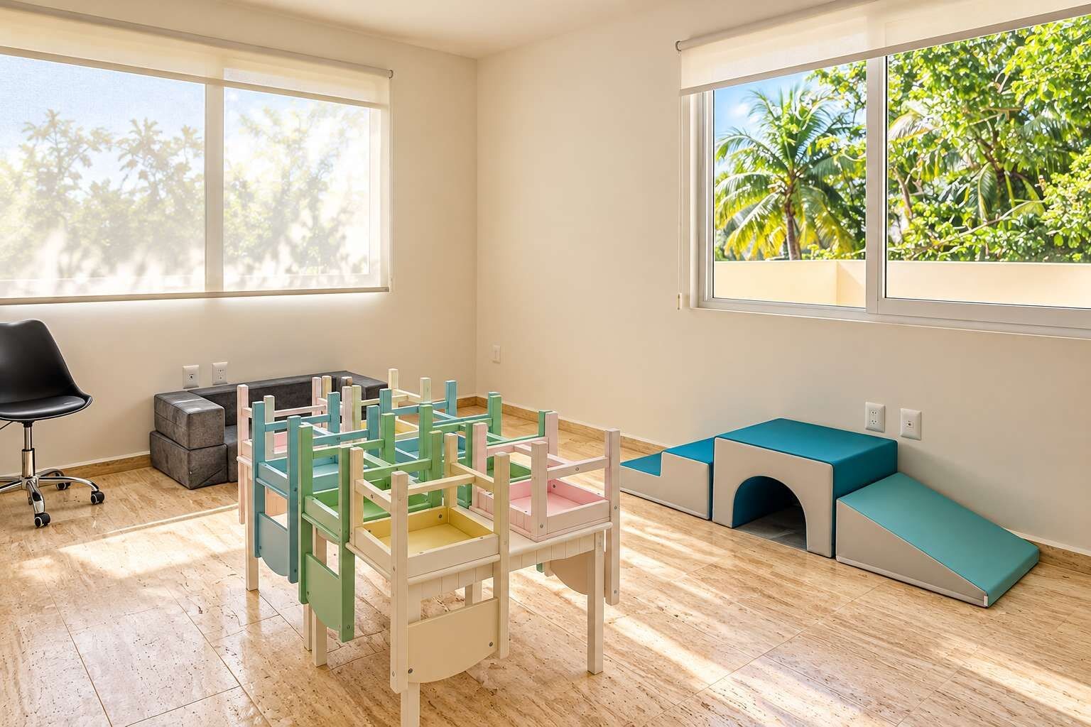 Une pièce comprenant un espace de jeux, un bureau et une fenêtre donnant sur un paysage verdoyant.