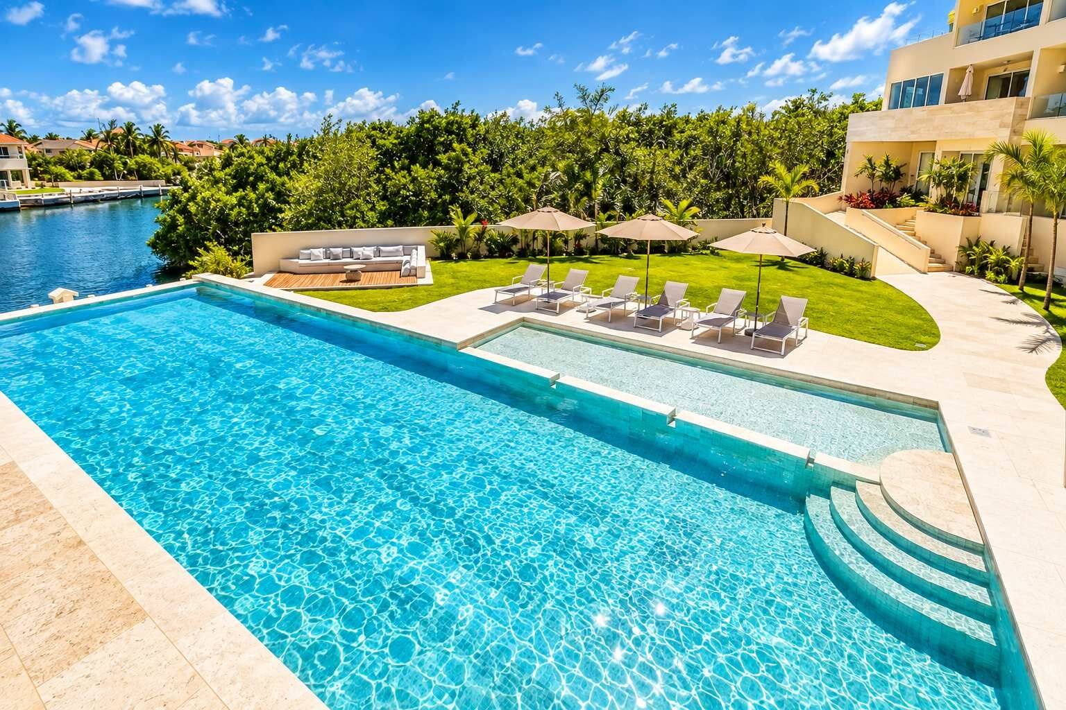Une piscine entourée de verdure, avec des chaises longues et des parasols, sous un ciel dégagé.