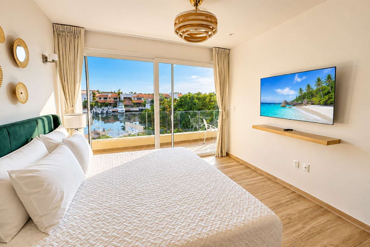 Une chambre d’hôtel avec un grand lit, un téléviseur fixé au mur et une vue sur une piscine et des immeubles.