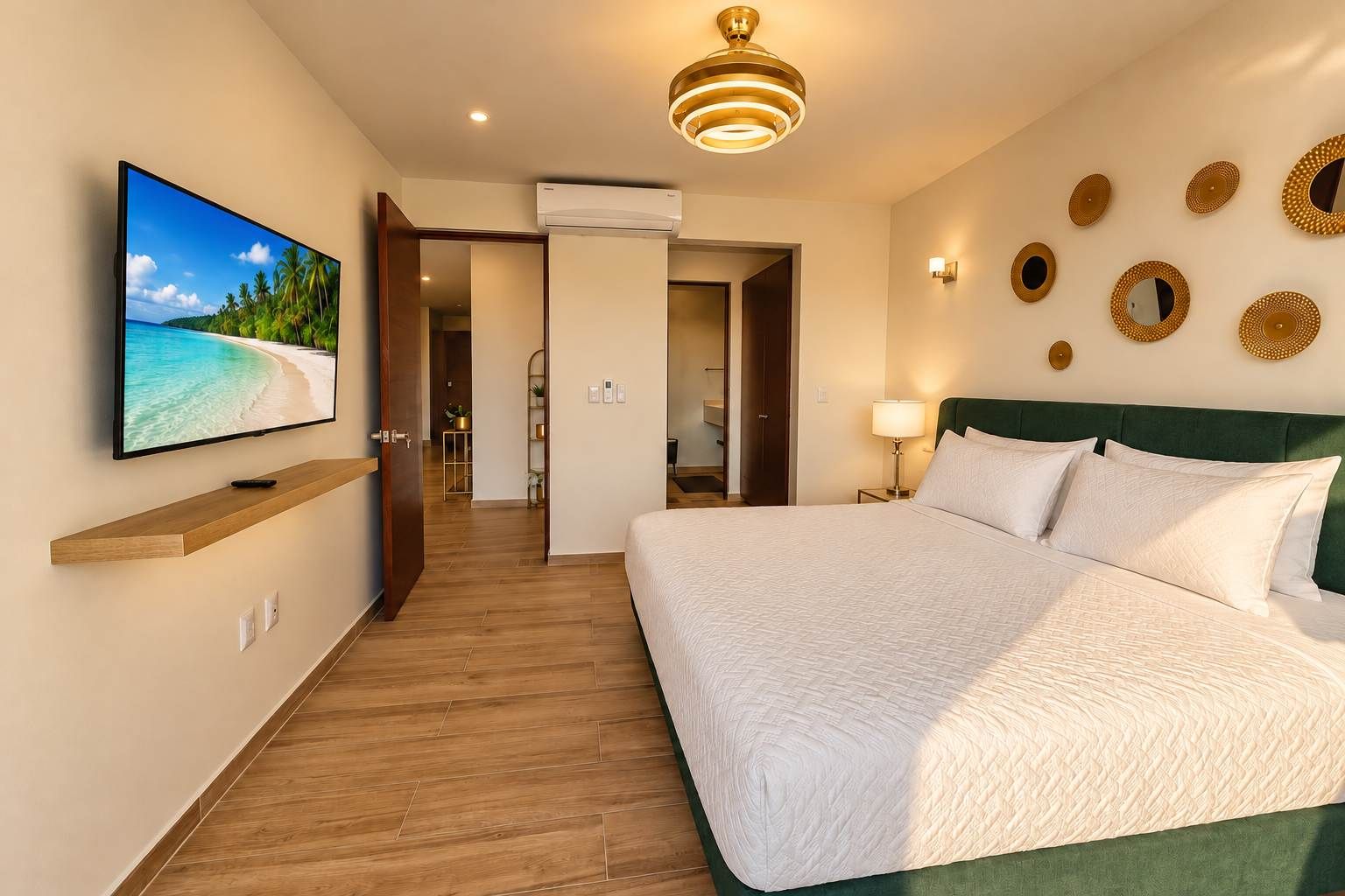 Une chambre d’hôtel avec un grand lit, un téléviseur posé sur une étagère en bois, un luminaire au plafond et un mur orné de miroirs décoratifs.