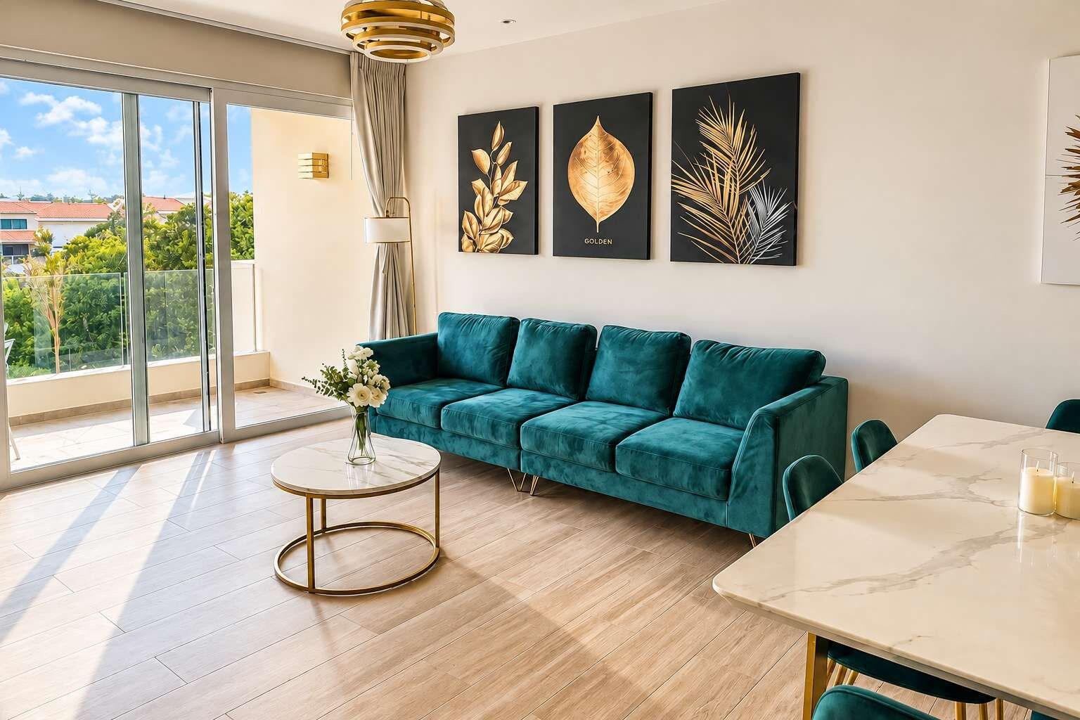 Ein modernes Wohnzimmer mit einem salbeigreenen Sofa, einem runden Couchtisch und einem Esstisch mit Stühlen. An der Wand hängen drei gerahmte Kunstwerke und ein großes Fenster mit Blick auf Grünflächen und Gebäude.