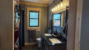 Hair dryer, towels, soap, toilet paper