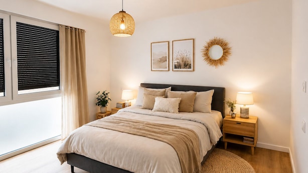A bedroom with a bed, bedside tables, a lamp, a window with blinds, and a wall-mounted light fixture. - Comfortable Premium Business Apartment Darmstadt-Griesheim Including parking space (Griesheim)