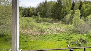 Ein Blick auf eine natürliche Landschaft mit Holzfence, einer Rasenfläche und Bäumen.