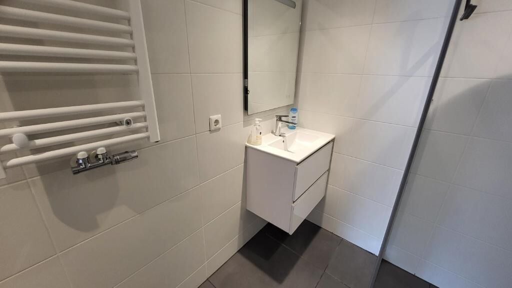 A bathroom with a white sink, mirror, towel rack, and a shower area.
