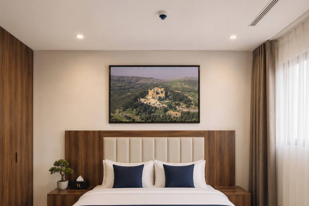 Habitación de hotel con una cama grande, una mesita de noche con lámpara, un cuadro enmarcado en la pared y una ventana con cortinas.