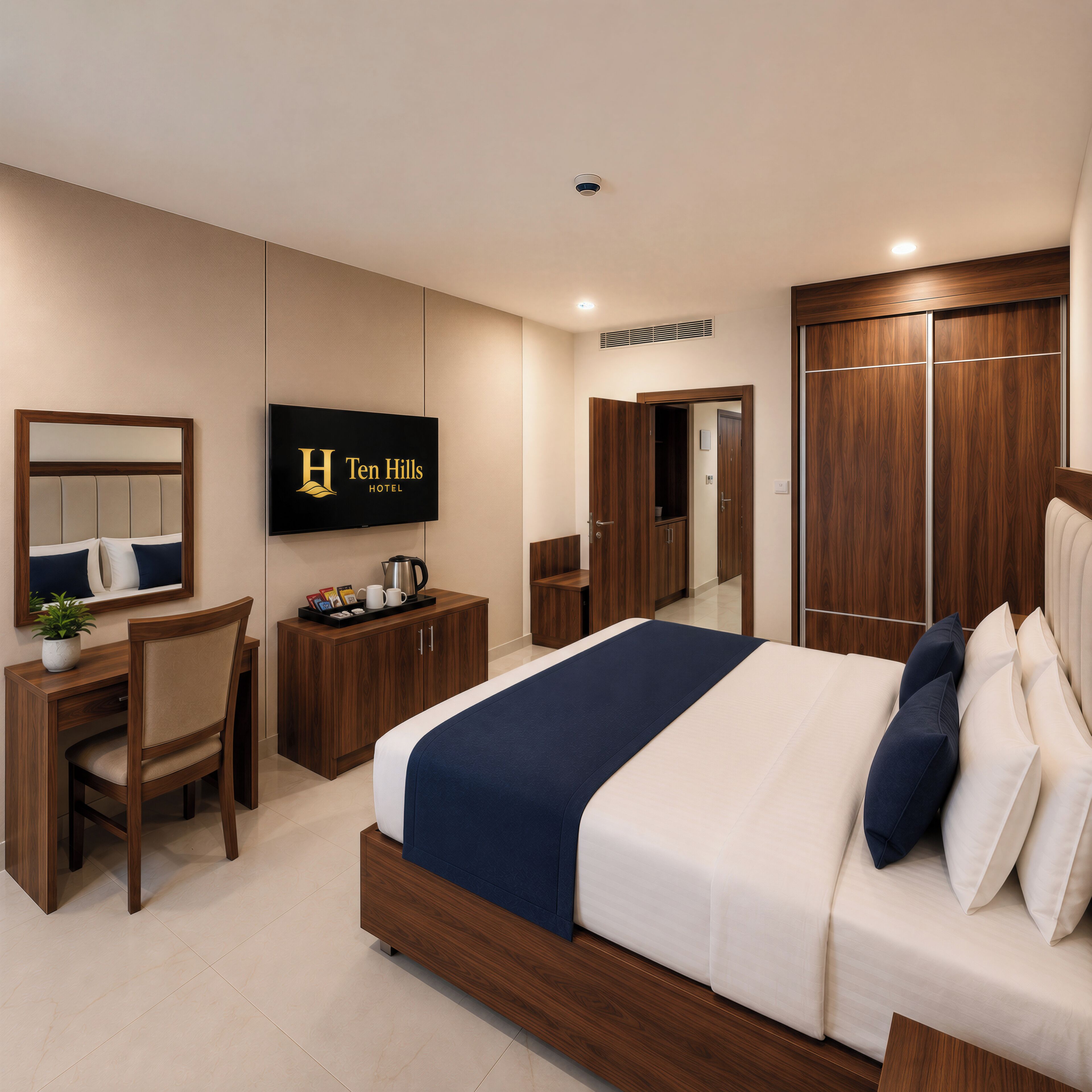 Ein Hotelzimmer mit Bett, Schreibtisch, Stuhl, Fernseher, Kleiderschrank und einem Schild mit der Aufschrift 'Ten Hills Hotel'.