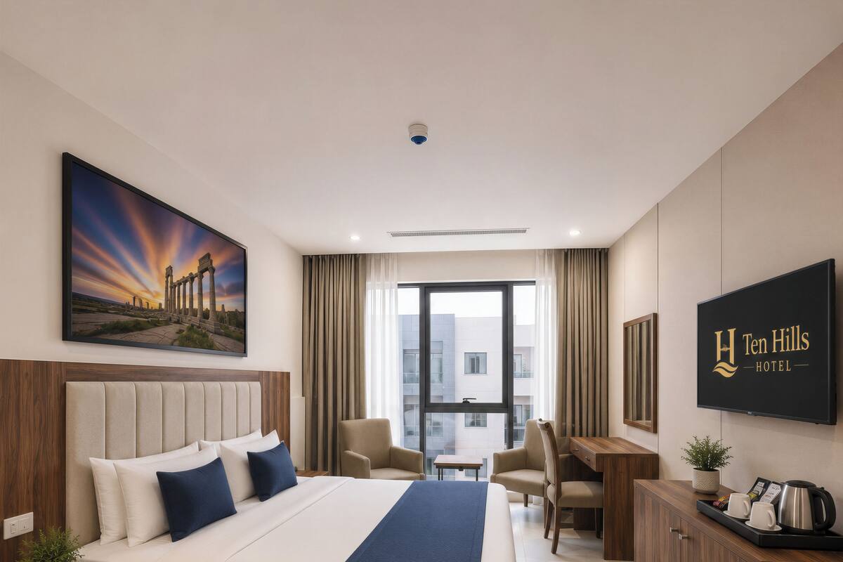 Una habitación de hotel con una cama grande, un escritorio, una silla, un televisor y un cuadro de ruinas antiguas.