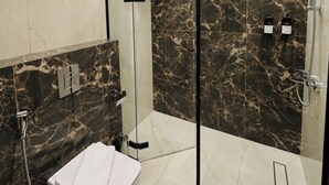 Une salle de bain moderne avec une douche à parois de verre, des toilettes et des murs en marbre.