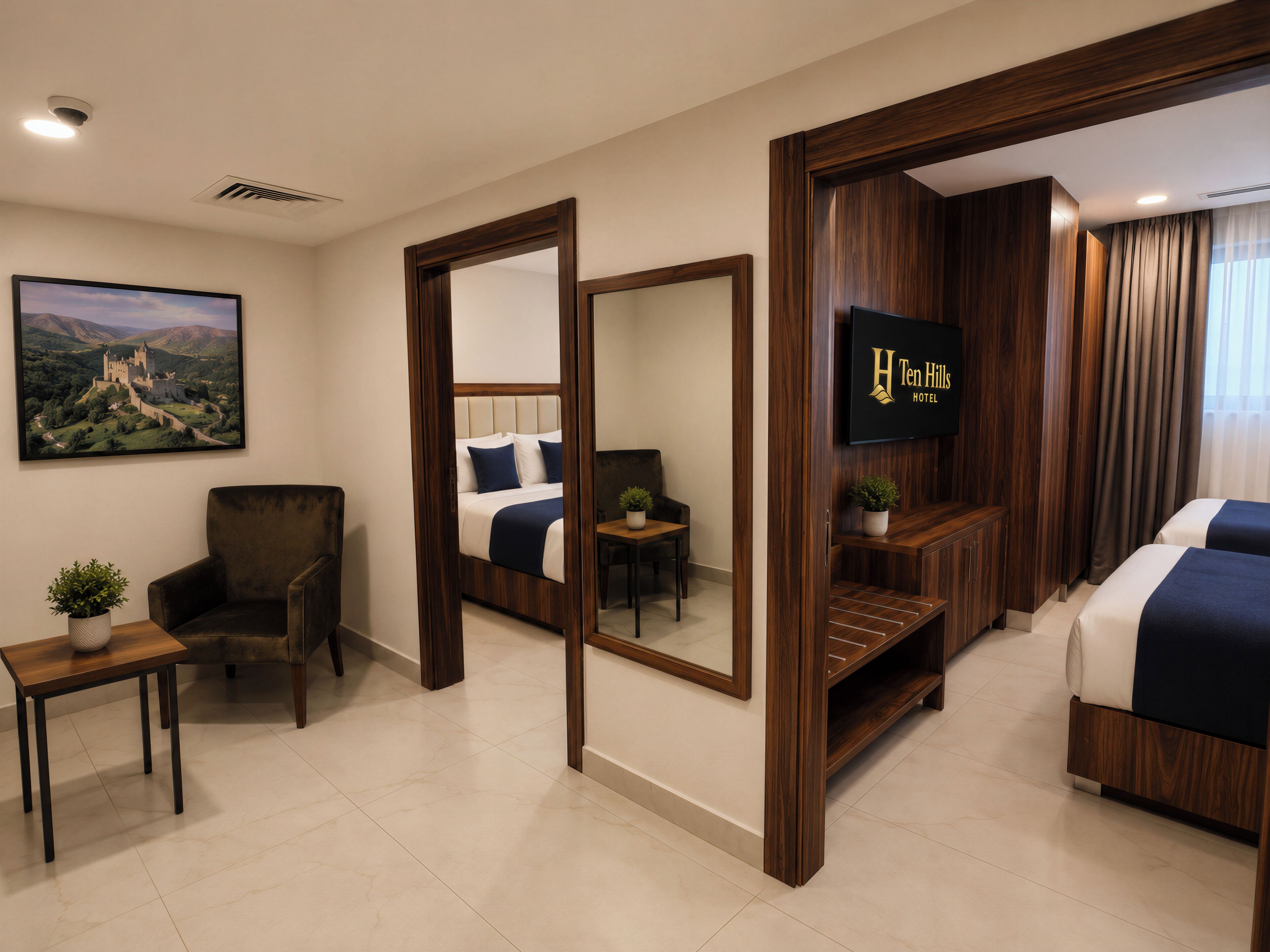 A hotel room with a bed, a chair, a small table with a plant, a TV, and a painting on the wall.