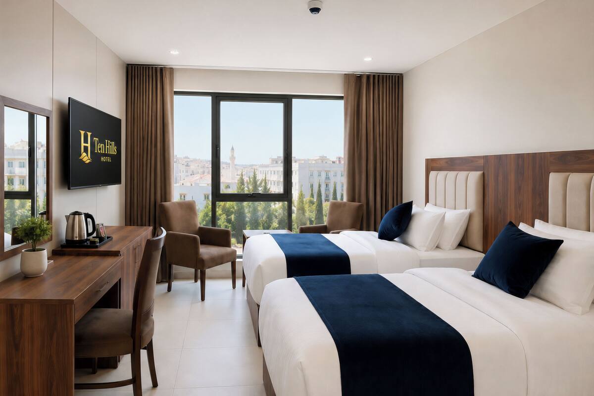 Habitación de hotel con cama, escritorio, silla, televisión y vistas a la ciudad.