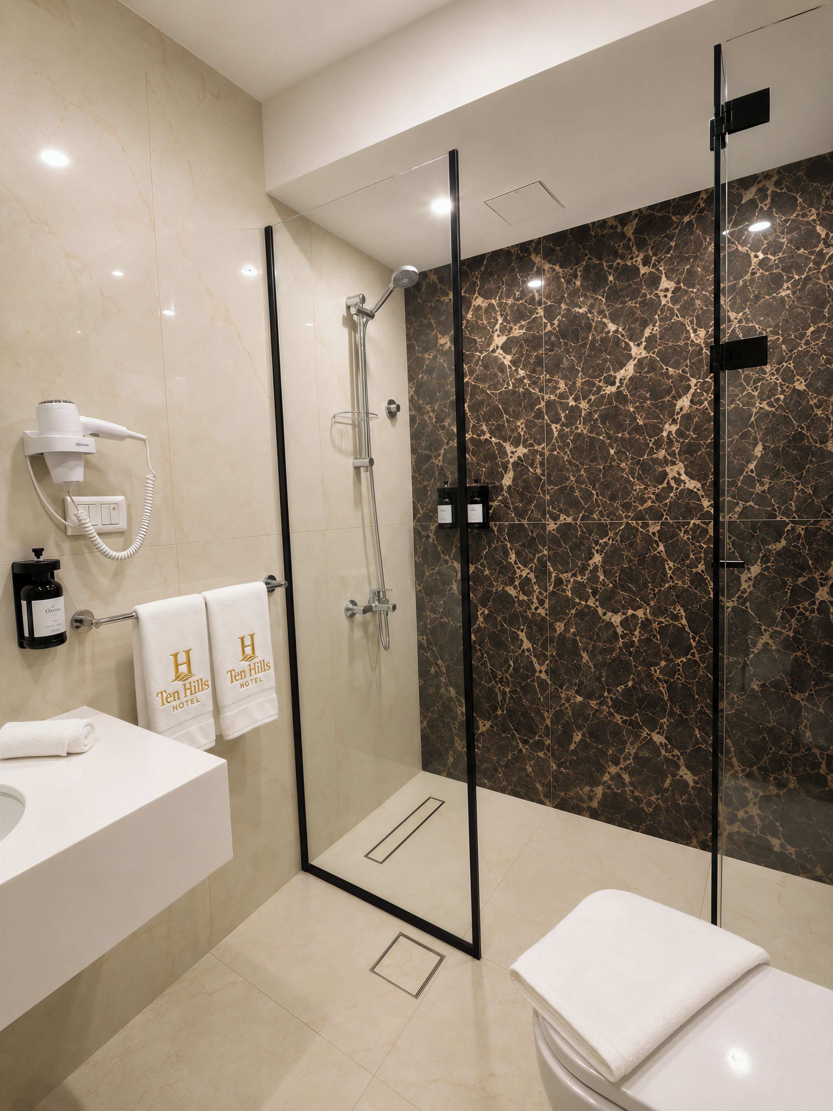 Un baño moderno con cabina de ducha de vidrio, un lavabo blanco y un perchero con toallas del 'Ten Hills Hotel'.