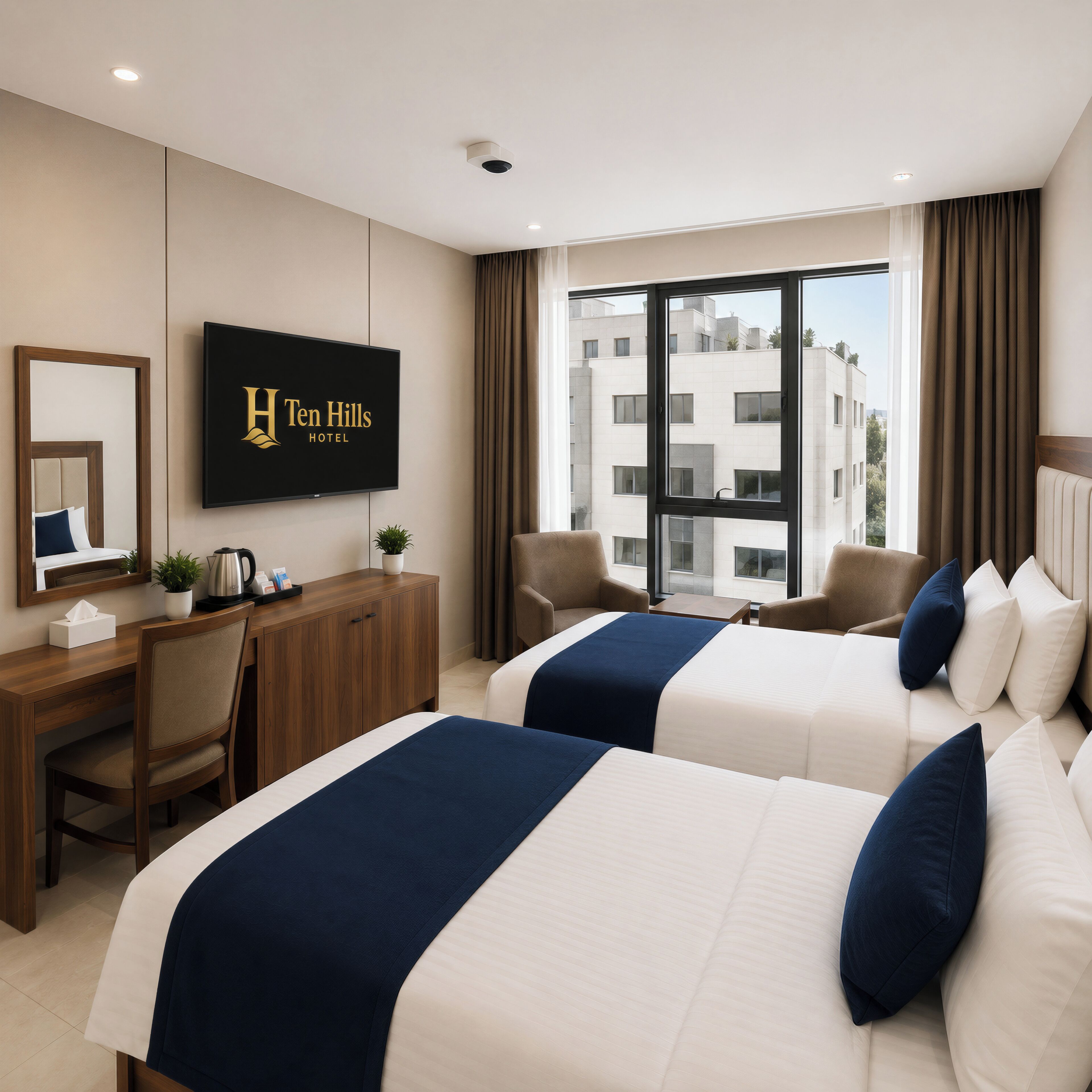 A hotel room with two beds, a desk, a chair, a television, and a view of buildings outside.