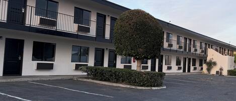 A modern building with a flat facade, multiple windows, and a parking lot.