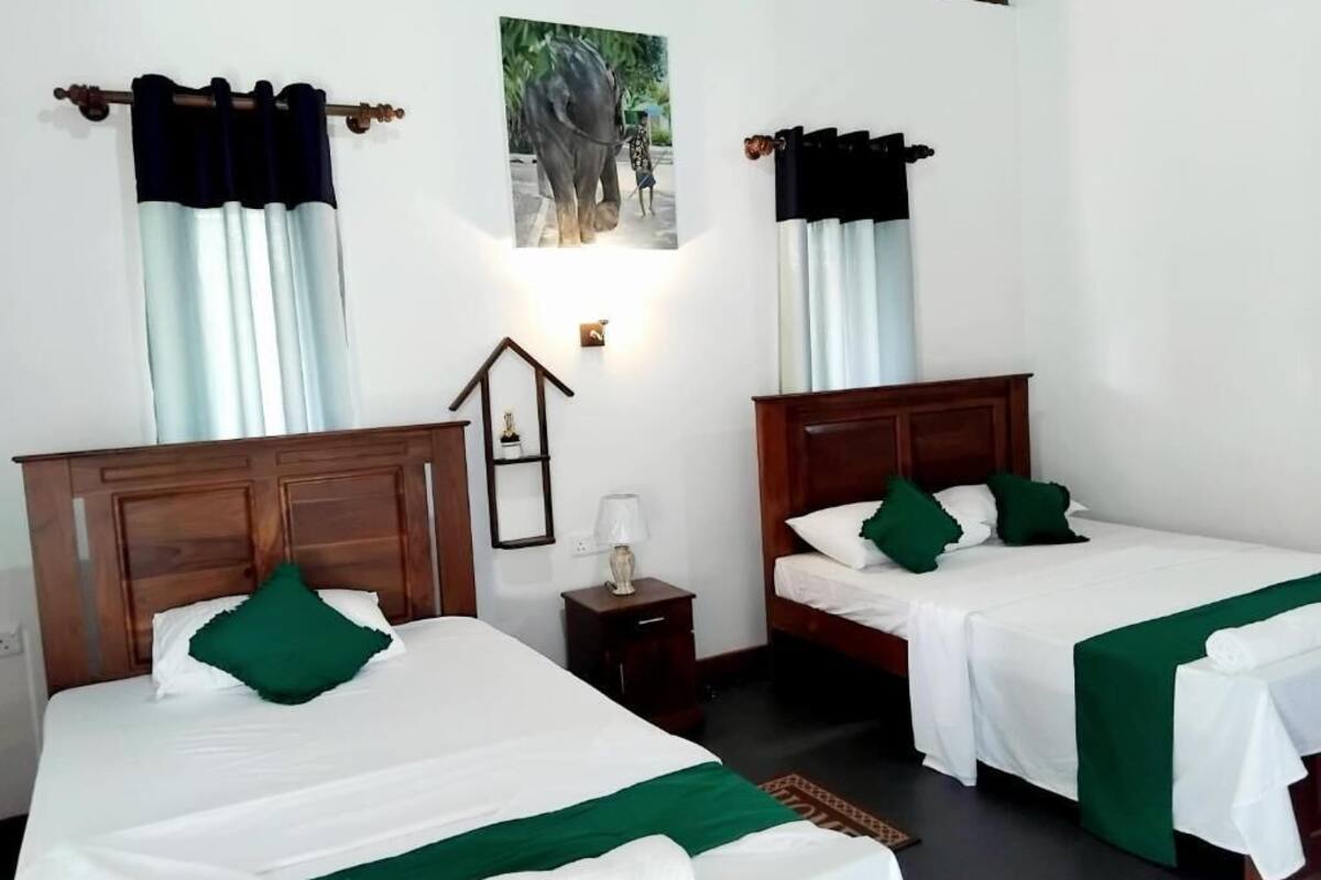 Ein Hotelzimmer mit zwei Betten, jeweils mit einem hölzernen Kopfteil, weißer Bettwäsche und grünen Kissen. An den Betten befinden sich Nachttische mit Lampen, eine Wandleuchte und ein gerahmtes Bild.