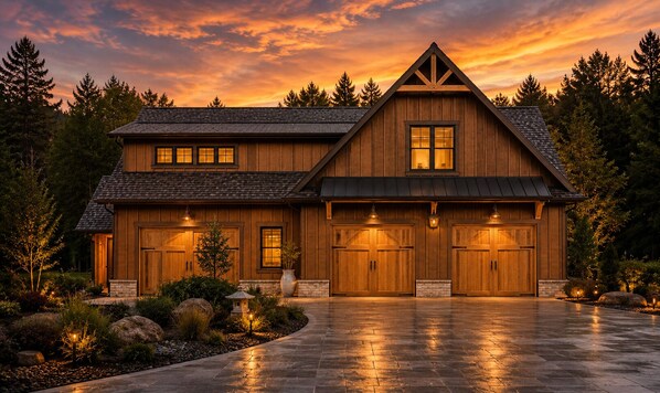 Une grande maison en bois avec deux portes de garage, un chemin dâaccĂšs en pierre et un jardin agrĂ©mentĂ© de rochers et de plantes.