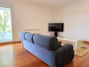 A modern living room with a sofa, a flat-screen TV, and a radiator. - Andorinhas Apartment | Monção | Wine Tourism | Town Centre (Monção)