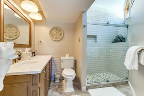 Hair dryer, towels, soap, toilet paper