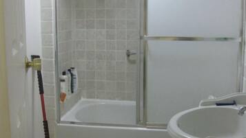 Hair dryer, towels, soap, toilet paper