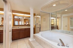 Shower, jetted tub, hair dryer, towels