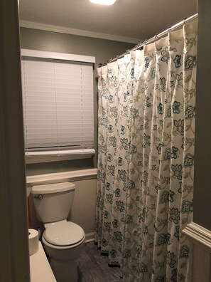 Hair dryer, towels, soap, toilet paper