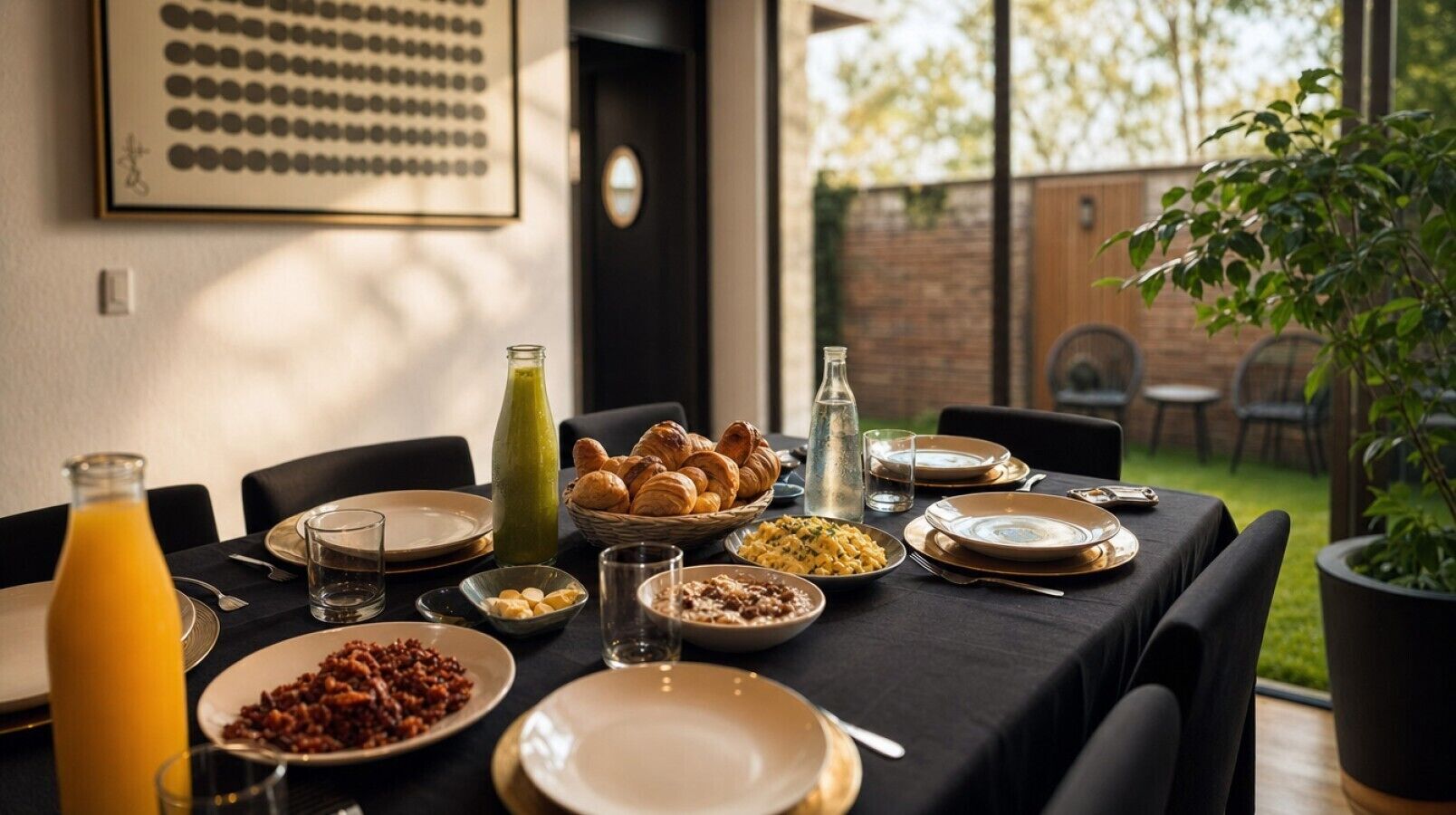 A breakfast table set with various dishes, a bottle of juice, and a basket of croissants.