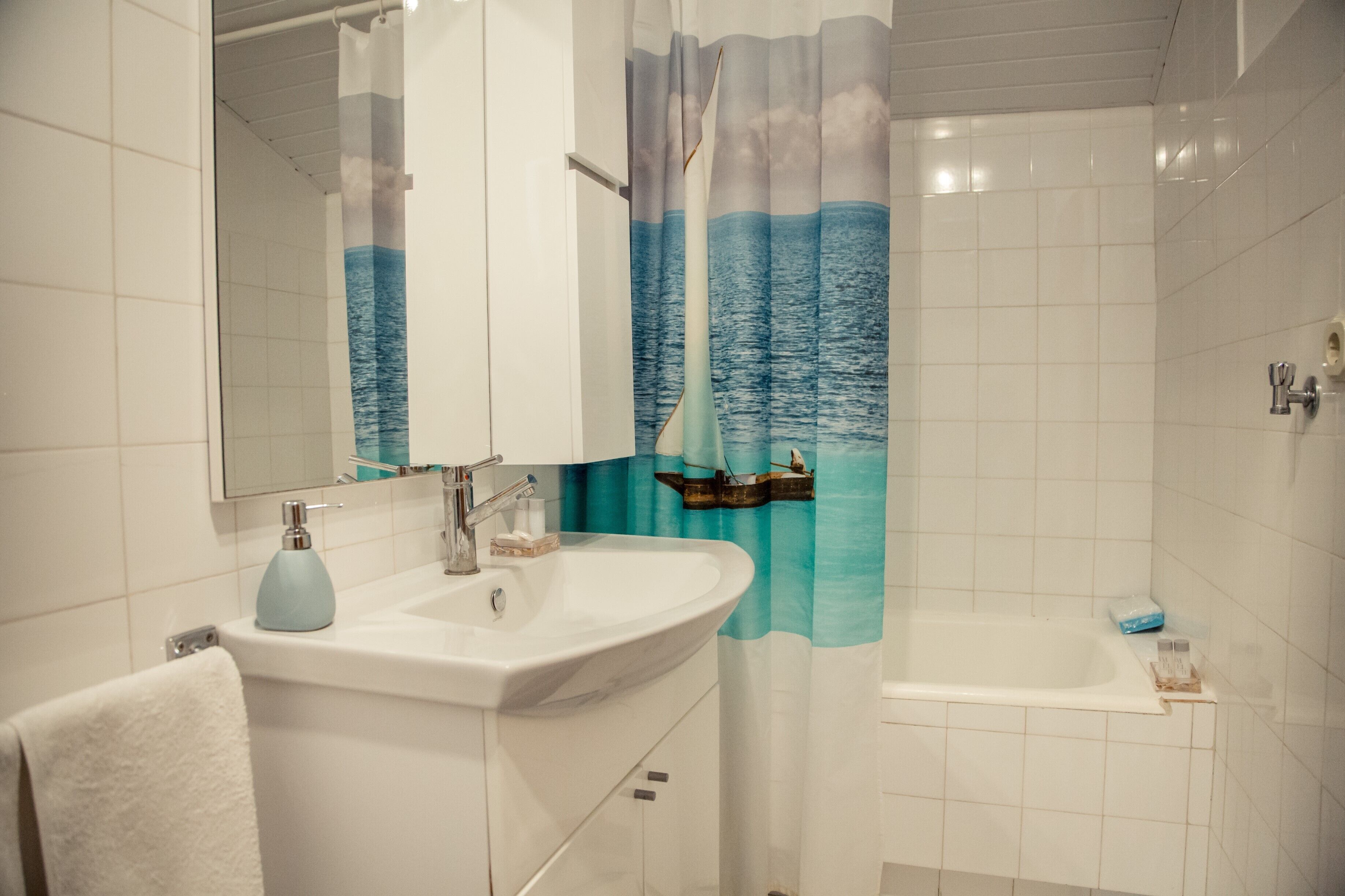 Een haardroger, handdoeken, zeep, toiletpapier