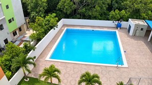 Piscina rectangular con borde blanco, rodeada por un solárium empedrado, palmeras y un edificio con fachada verde.