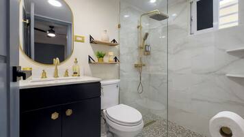 Shower, hair dryer, towels, soap