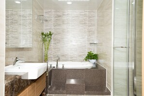 Shower, hair dryer, bidet, towels