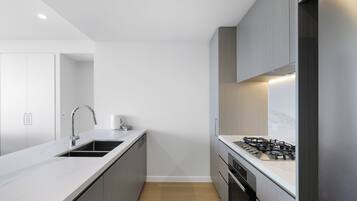 A modern kitchen with a built-in sink, stainless steel faucet, and a gas stove.
