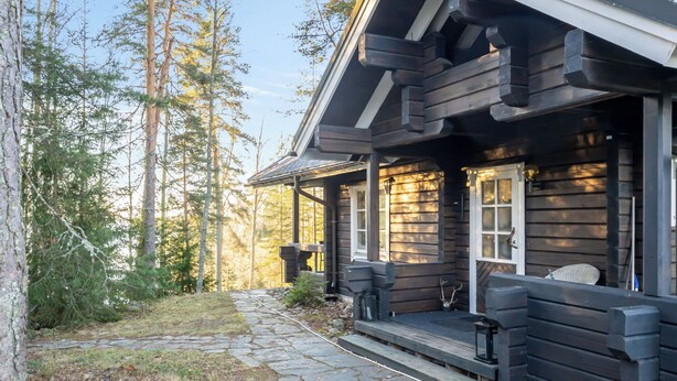 Een chalet met een pad van stenen dat naar de ingang leidt, omgeven door hoge bomen.