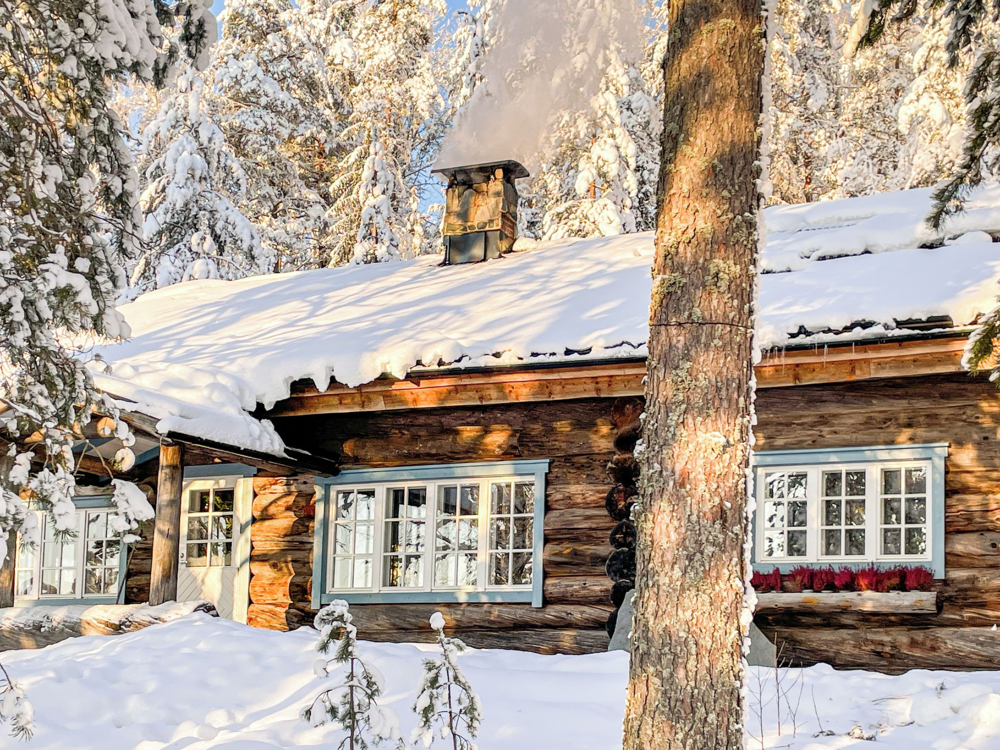 A log cabin with a chimney, windows, and snow-covered surroundings.