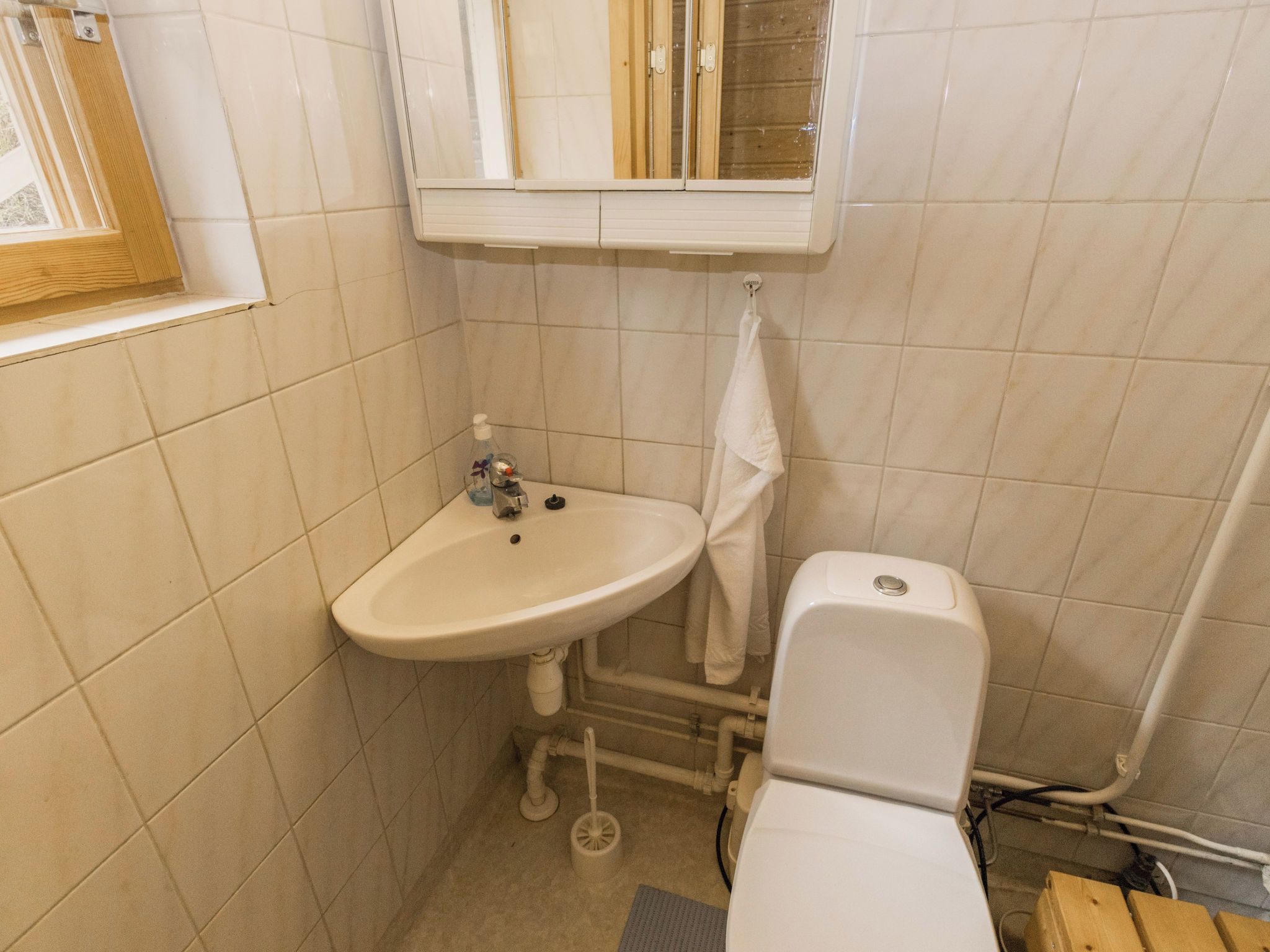 A bathroom with a sink, toilet, and a mirror above the sink.