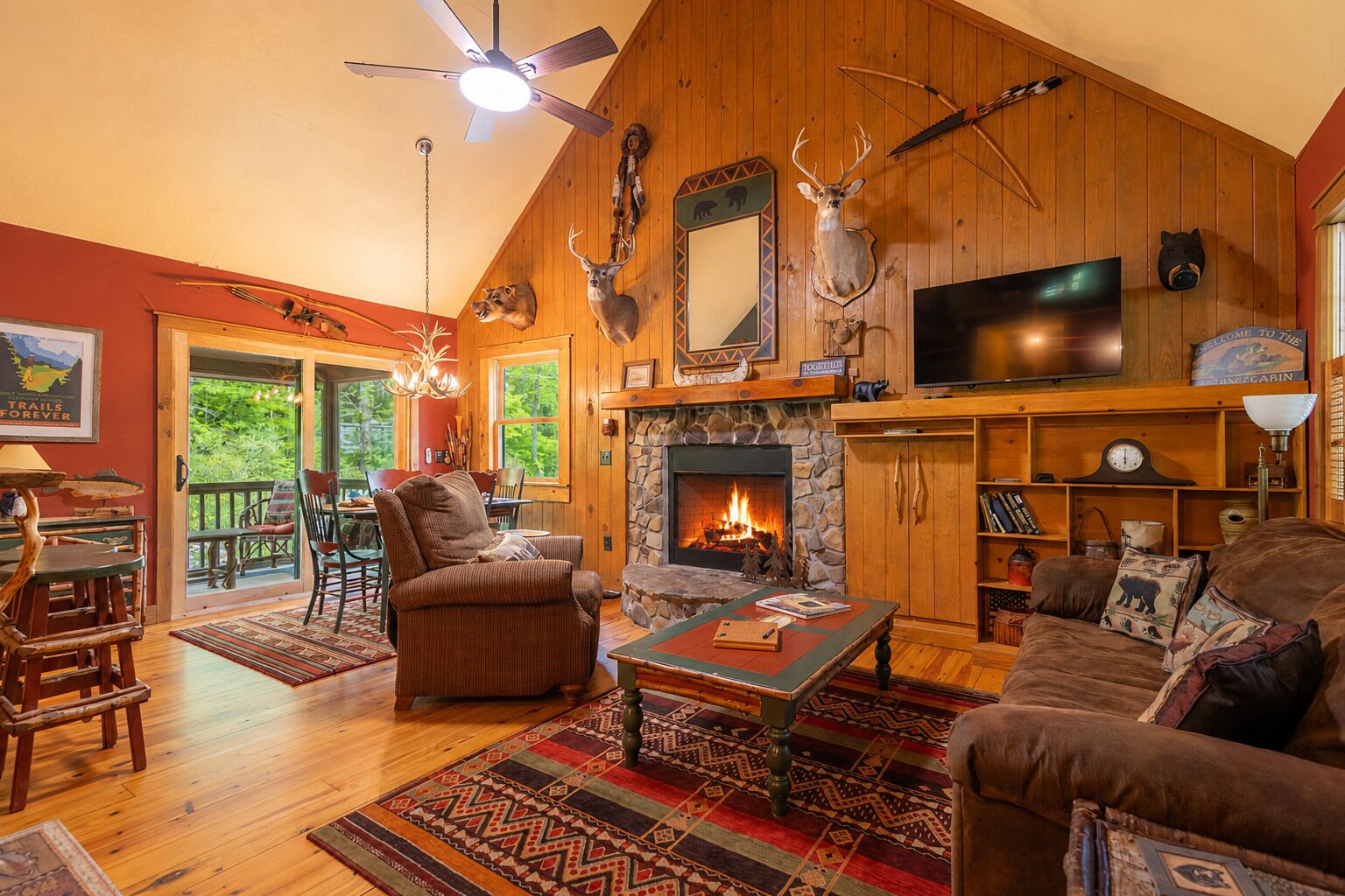 Smart TV, fireplace, books