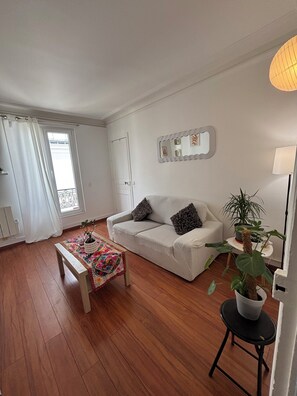 A living room with a sofa, a coffee table, a potted plant, and a mirror on the wall. - Charming apartment in the heart of Paris (Île de France)
