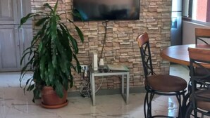 Een woonkamer met een stenen muur, een flatscreen-televisie, een eettafel met stoelen en een potplant.