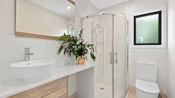 Shower, eco-friendly toiletries, hair dryer, towels
