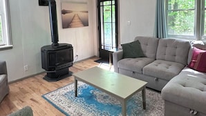 A living room with a sofa, a coffee table, a fireplace, and a window. - Falcon Retreats - Lanner (Sharbot Lake)