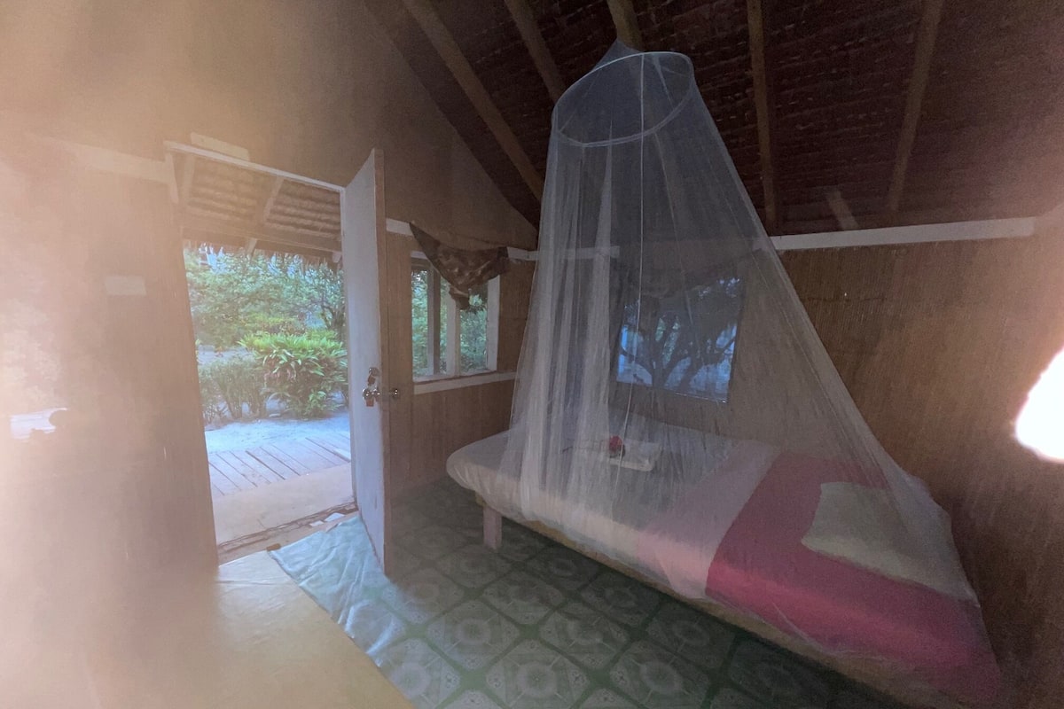 A room with a bed under a mosquito net, a door leading outside, and patterned flooring.