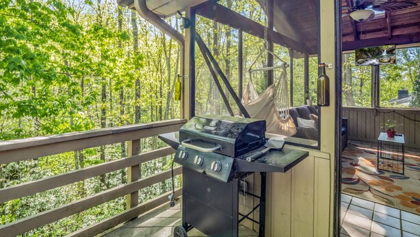A covered outdoor area with a grill, a hammock, and a view of a forest. - Big Mtn Home, Dog & Kid Friendly, close to Biltmore, breweries, & orchards (Hendersonville)