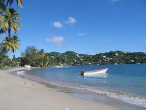 Ein Strand mit einem Boot, Palmen und einer hügeligen Landschaft im Hintergrund.