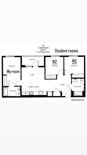 Floor plan - Luxury apartment only  private room, closet, desk bathroom and half daybed. (Torrance)